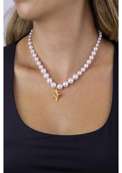 Yıldız Figürlü Inci Taneli Altın Kaplama Kadın Çelik Kolye