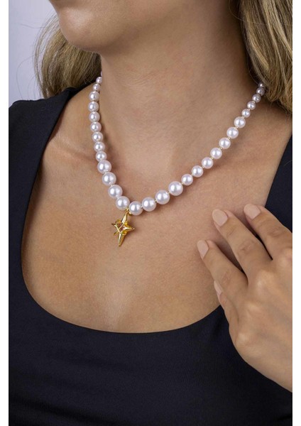 Yıldız Figürlü Inci Taneli Altın Kaplama Kadın Çelik Kolye modelleri