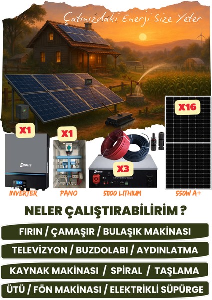 11 Kw Monofaze Güneş Paneli Sistemi (8,8 Kwp/15,36 Kwh Depolama) - 16P11K3L-D