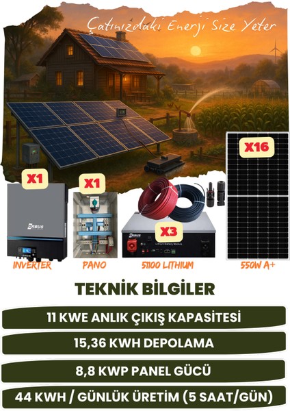 11 Kw Monofaze Güneş Paneli Sistemi (8,8 Kwp/15,36 Kwh Depolama) - 16P11K3L-D fiyatları