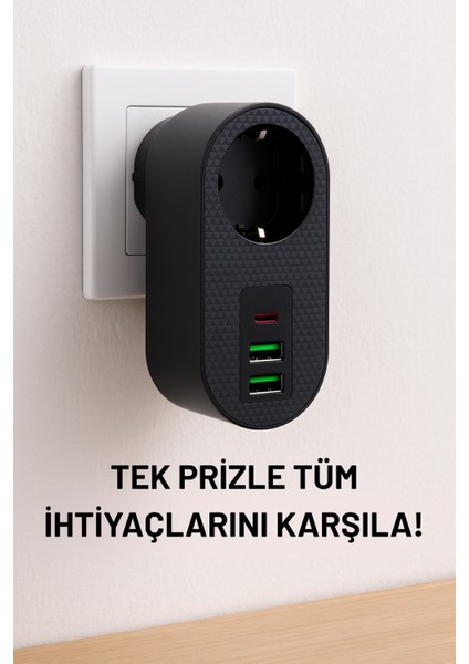 Tek Prizli 2 Usb-A + 1 Type-C Hızlı Şarj Çoklu Priz Adaptörü – Kompakt Tasarım, Yüksek Performans indirimleri