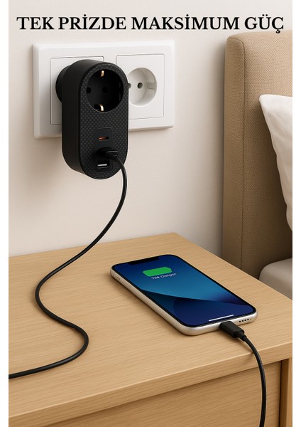 Tek Prizli 2 Usb-A + 1 Type-C Hızlı Şarj Çoklu Priz Adaptörü – Kompakt Tasarım, Yüksek Performans