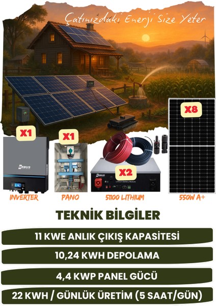 11 Kw Monofaze Güneş Paneli Sistemi (4,4 Kwp/10,24 Kwh Depolama) - 8P11K2L-D fiyatları