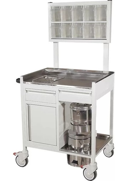 Trommelli ve Leğenli Pansuman Arabası | Paslanmaz Çelik Gövde, Antistatik Tekerlekli, Gözlü E-254/E