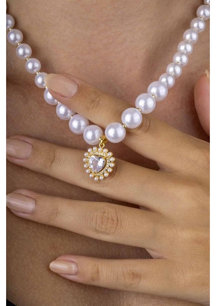 Kalp Motifli Altın Kaplama Inci Taneli Çelik Kadın Kolye fiyatları