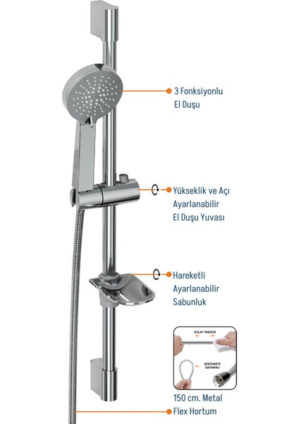 Smile 2.0 Sürgülü Duş Seti – 3 Fonksiyonlu, Krom, Sabunluk Dahil modelleri