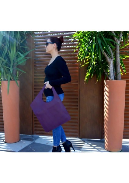 Asimetrik Model Mor Hakiki Deri El Portföy Clutch modelleri