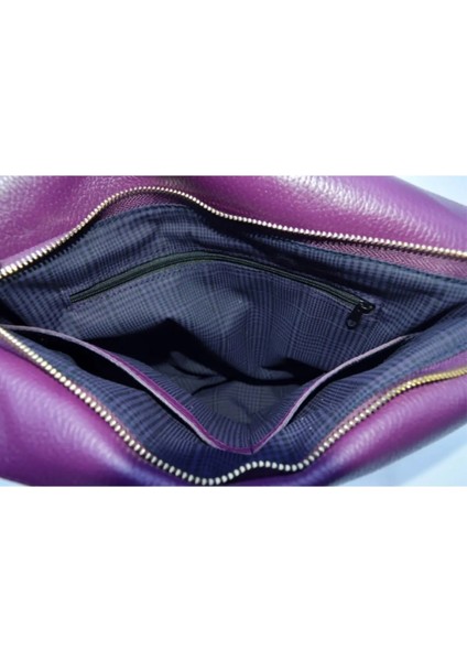 Asimetrik Model Mor Hakiki Deri El Portföy Clutch