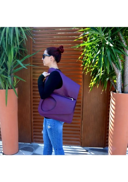 Asimetrik Model Mor Hakiki Deri El Portföy Clutch