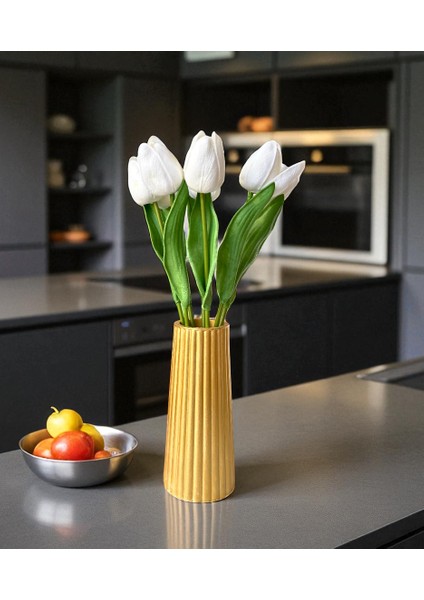 5 Adet Yapay Lale Çiçekleri +Kedi Biblo Dahil Dekoratif Modern Vazo Seti – Ev/ofis Için Şık Aksesuar indirimleri