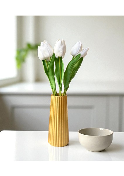 5 Adet Yapay Lale Çiçekleri +Kedi Biblo Dahil Dekoratif Modern Vazo Seti – Ev/ofis Için Şık Aksesuar