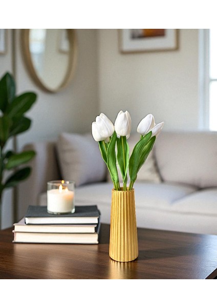 5 Adet Yapay Lale Çiçekleri +Kedi Biblo Dahil Dekoratif Modern Vazo Seti – Ev/ofis Için Şık Aksesuar
