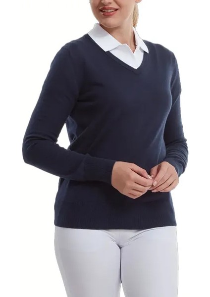Yün Karışımlı Kadın Golf Kazak 96051 Lacivert