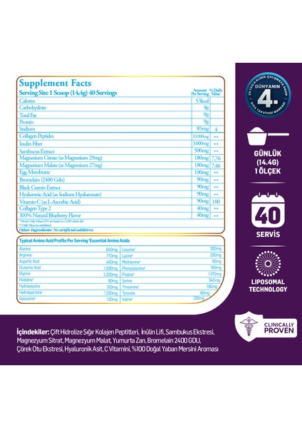 %100 Saf ve Doğal Mor & Çoklu Kolajen Peptitleri içeren Lipozomal Teknoloji Diyet Takviyesi (576 gr) modelleri