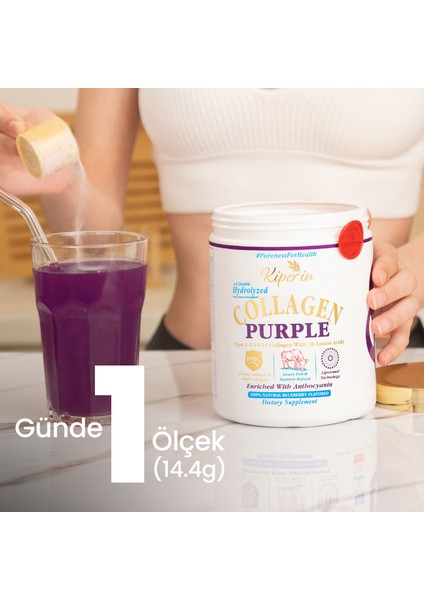 %100 Saf ve Doğal Mor & Çoklu Kolajen Peptitleri içeren Lipozomal Teknoloji Diyet Takviyesi (576 gr)