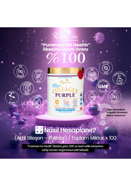 %100 Saf ve Doğal Mor & Çoklu Kolajen Peptitleri içeren Lipozomal Teknoloji Diyet Takviyesi (576 gr)