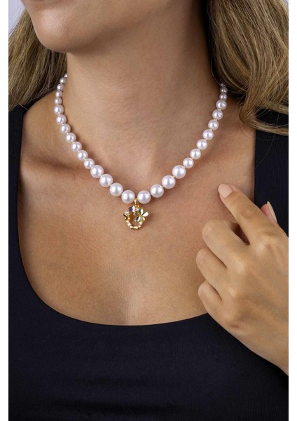 kalp Yonca Figürlü Altın Kaplama Inci Taneli Kadın Çelik Kolye