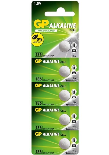 GP186-C5 LR43 AG12 Alkalin Düğme Pil 5'li Paket
