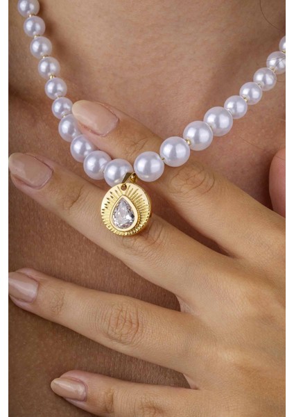 Damla Taşlı Altın Kaplama Inci Taneli Kadın Çelik Kolye