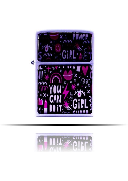 Girl Power Karalama Desenli Siyah Beyaz Benzinli Çakmak