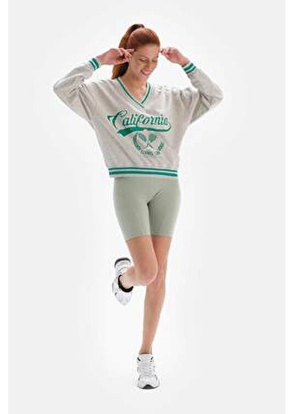 Kadın Gri Melanj Colorado Baskılı Uzun Kol V Yaka Sweatshirt Modern Tasarım