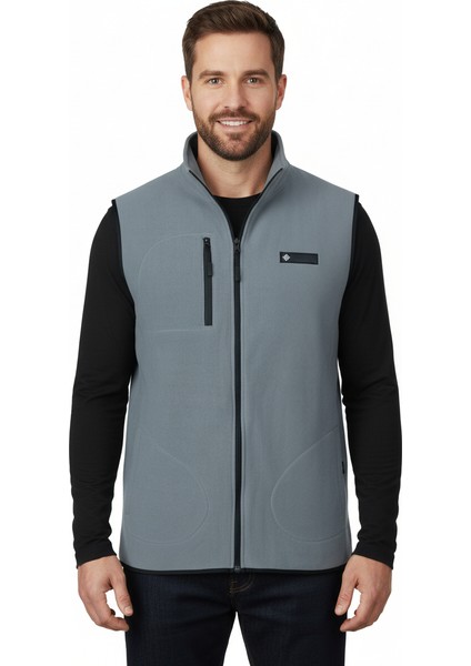 Erkek Kışlık Polar Yelek Önü ve Cepleri Fermuarlı Hakim Yaka Rahat Kesim Tam Kalıp