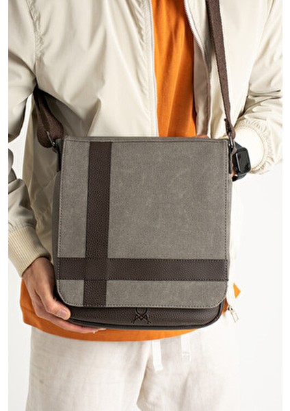 Mega 417 Unısex Kanvas Postacı Çantası Askılı Çanta Omuz Çanta Gri-Kahve