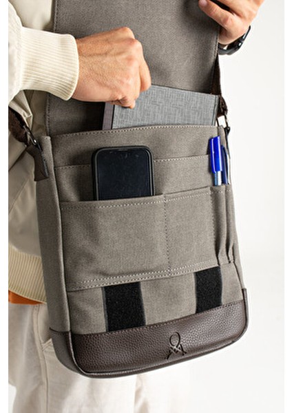 Mega 417 Unısex Kanvas Postacı Çantası Askılı Çanta Omuz Çanta Gri-Kahve modelleri