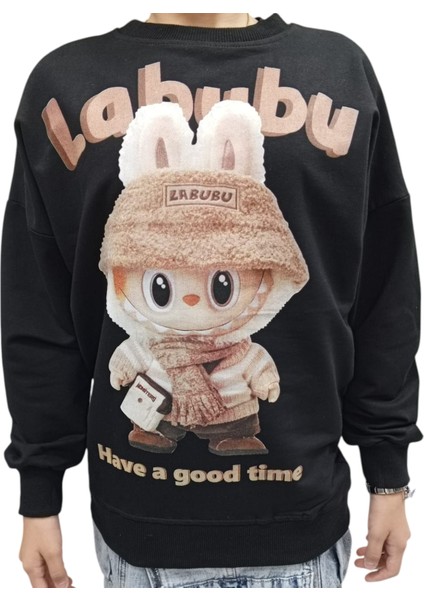 Erkek Çocuk /kız Çocuk Labubu Desenli Oversize Kalıp Siyah Sweatshirt