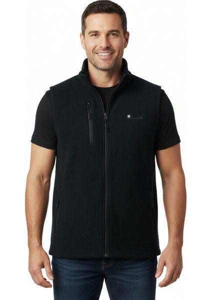 Erkek Kışlık Polar Yelek Önü ve Cepleri Fermuarlı Hakim Yaka Rahat Kesim Tam Kalıp