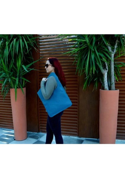 Asimetrik Model Deniz Mavisi Hakiki Deri El Portföy Clutch