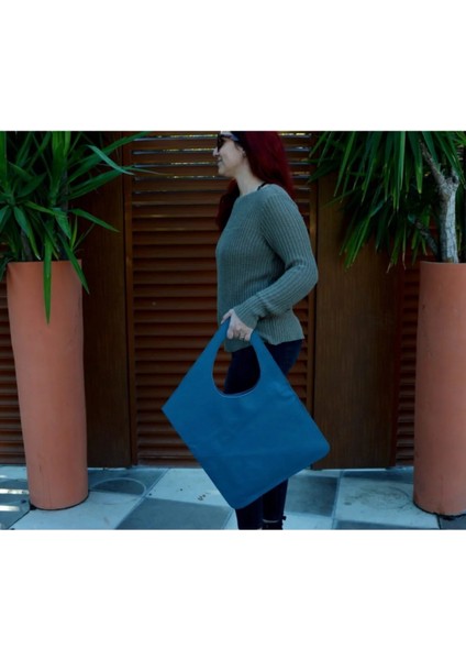 Asimetrik Model Deniz Mavisi Hakiki Deri El Portföy Clutch modelleri