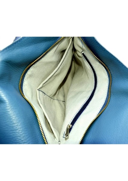 Asimetrik Model Deniz Mavisi Hakiki Deri El Portföy Clutch