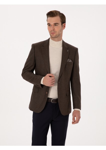 Erkek Kahverengi Slim Fit Yün Kaşmir Karışımlı Ceket 50299266-VR029