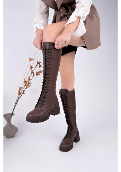 Kadın Dizaltı Ökçeli Postal Çizme