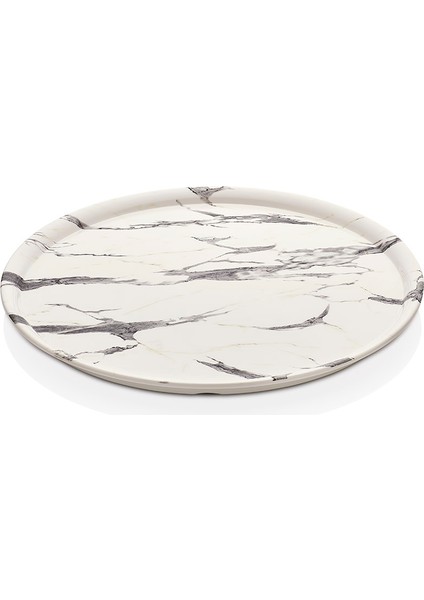 100035.WM - Mayammar White Marble Mermer Efektli Yuvarlak Sunum Tabağı 35 Cm, Thermoset Melamin