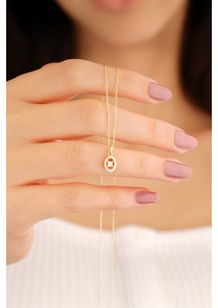 14 Ayar Altın Minimalist Oval Taşlı Kolye