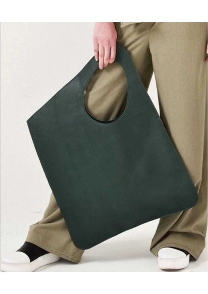 Asimetrik Model Ördek Yeşili Hakiki Deri El Portföy Clutch