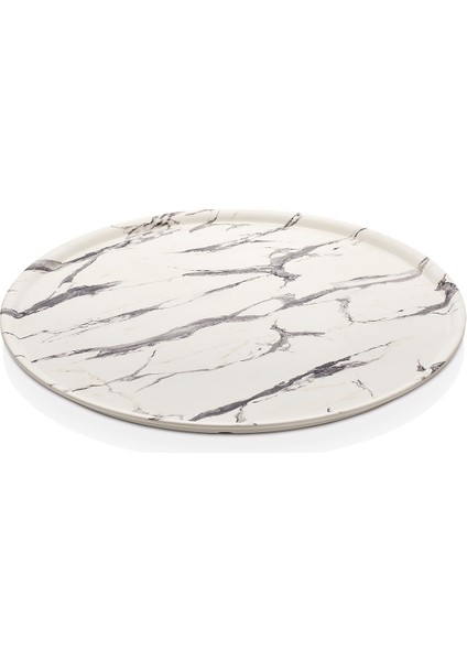 100048.WM - Mayammar White Marble Mermer Efektli Yuvarlak Sunum Tabağı 48 Cm, Thermoset Melamin