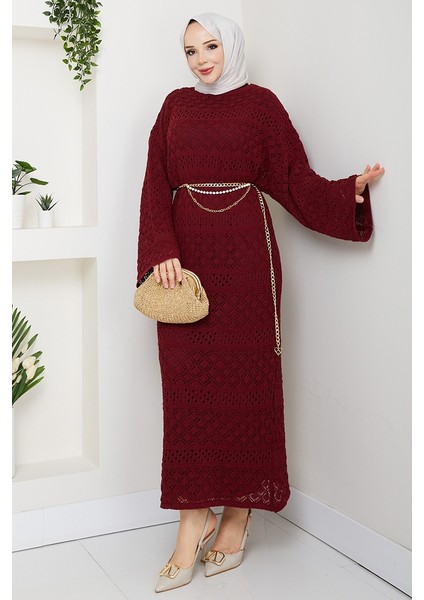 Dantel Motifli Astarlı Triko Elbise 1601 - Bordo