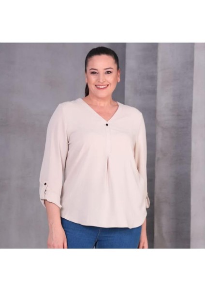Kadın Büyük Beden V Yaka Uzun Kollu Kolları Katlanabilir Bluz Ekru