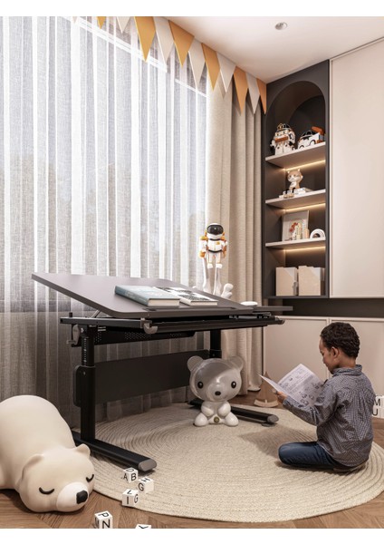 Vega Simple Minimalist Ofis Masası Yüksek Ayarlı ve Eğimli Çalışma Masası - 130x70 Cm, Antrasit/Gri