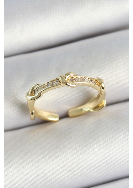 Pirinç Düğüm Figürlü Zirkon Taşlı Gold Renk Ayarlanabilir Kadın Yüzük