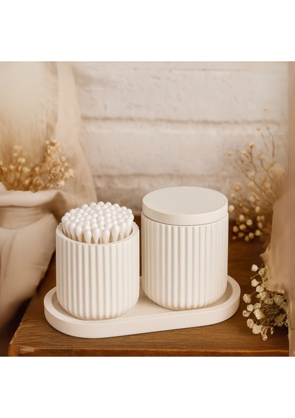 Banyo ve Makyaj Organizer Seti – 4 Parçalı Modern Tasarım, Çizgili Kapaklı Kutu & Tepsili Düzenleyici