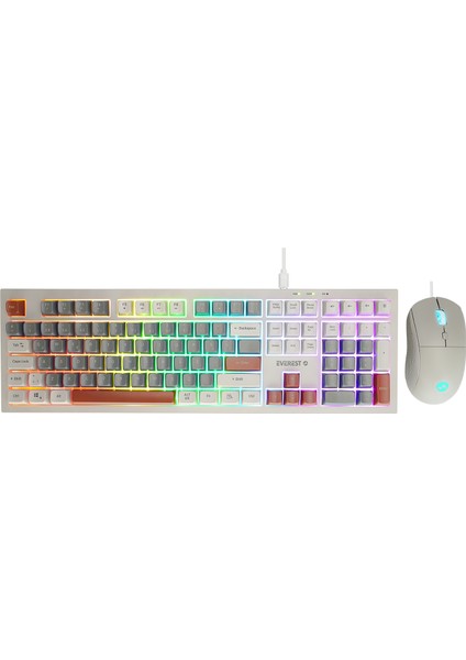 Km-77 Runa Gri/krem/kahve USB Rainbow Aydınlatmalı Sessiz Q Klavye + Mouse Set