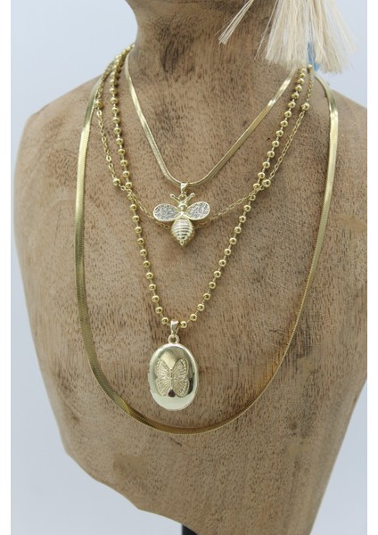 Vıp Çelik Italyan Ezme Zirkon Taşlı Arı ve Kelebek Madalyon Model 4’lü Kombin Kolye