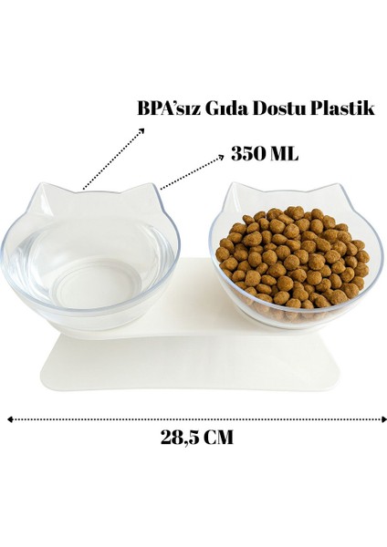 Çift Hazneli Kedi Kulaklı Beslenme Mama ve Su Kabı 350 ml