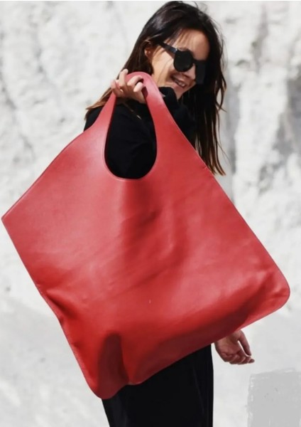 Asimetrik Model Kırmızı Hakiki Deri El Portföy Clutch