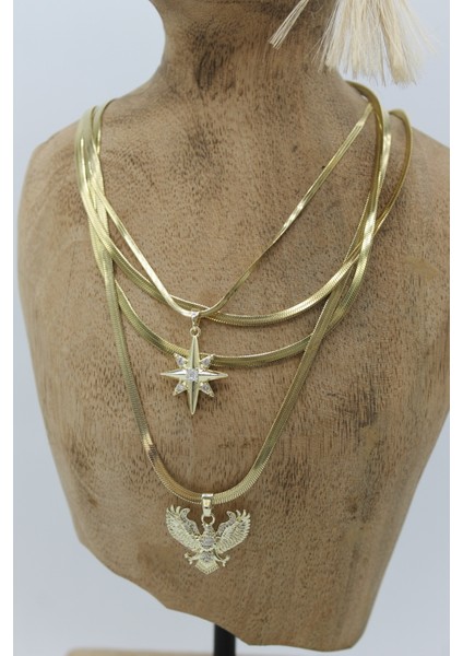 Vıp Çelik Italyan Ezme Zirkon Taşlı Kuzey Yıldızı ve Eagle Model 4’lü Kombin Kolye