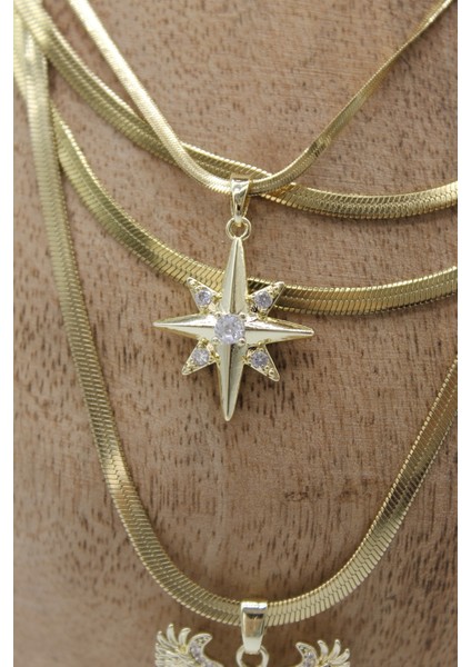 Vıp Çelik Italyan Ezme Zirkon Taşlı Kuzey Yıldızı ve Eagle Model 4’lü Kombin Kolye fiyatları